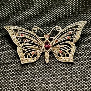 Vintage LIA Marcasite & Garnet Faux Rhinestone Butterfly‎ Brooch Pin